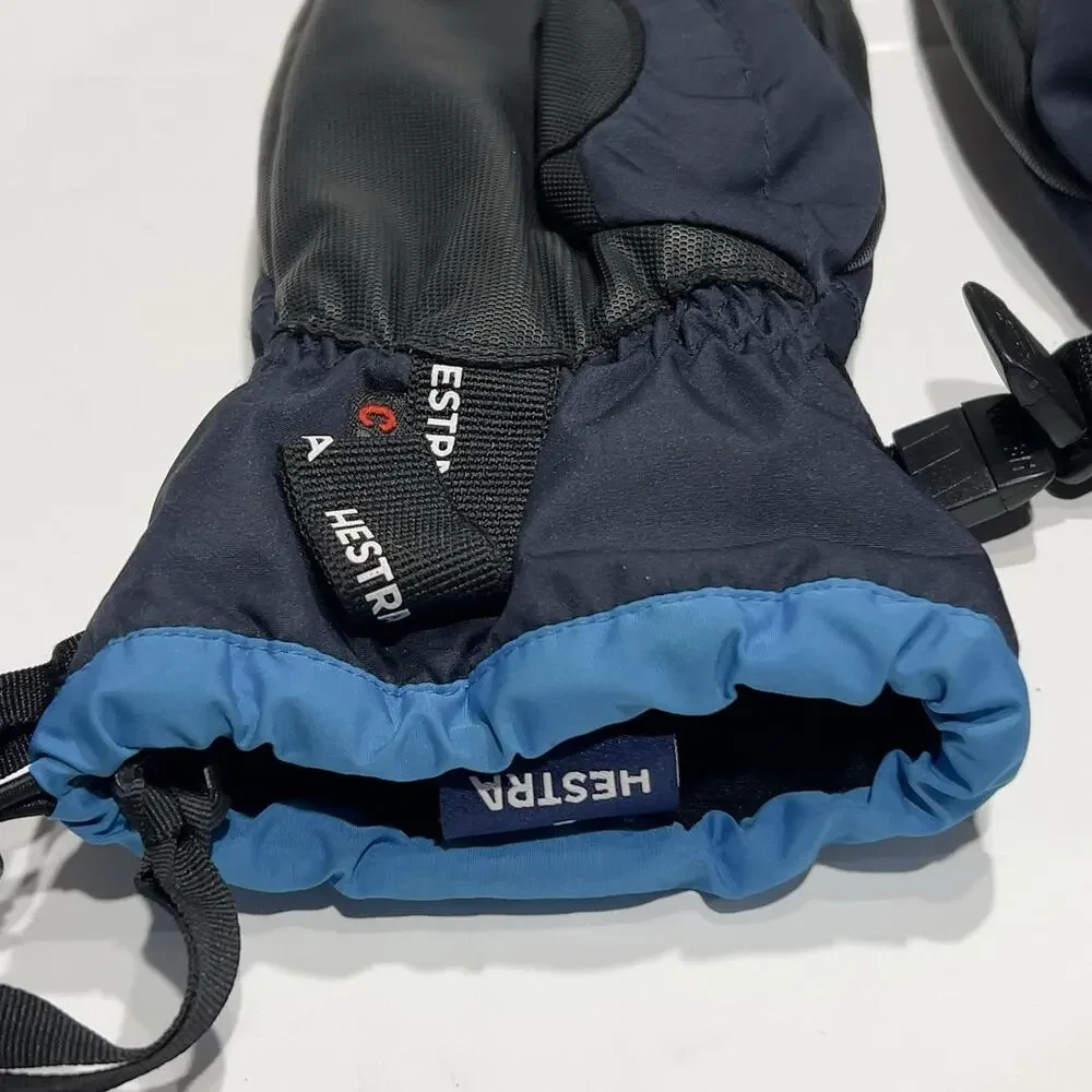 Hestra Kids Ski Mittens Size 5 Navy Blue Black Leather Palm Winter Snow Mitts